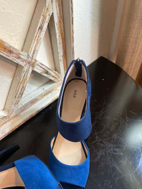 Sole Society Blue Suede Colorblock Open Toe Ankle Strap Heels - Picture 2 of 8
